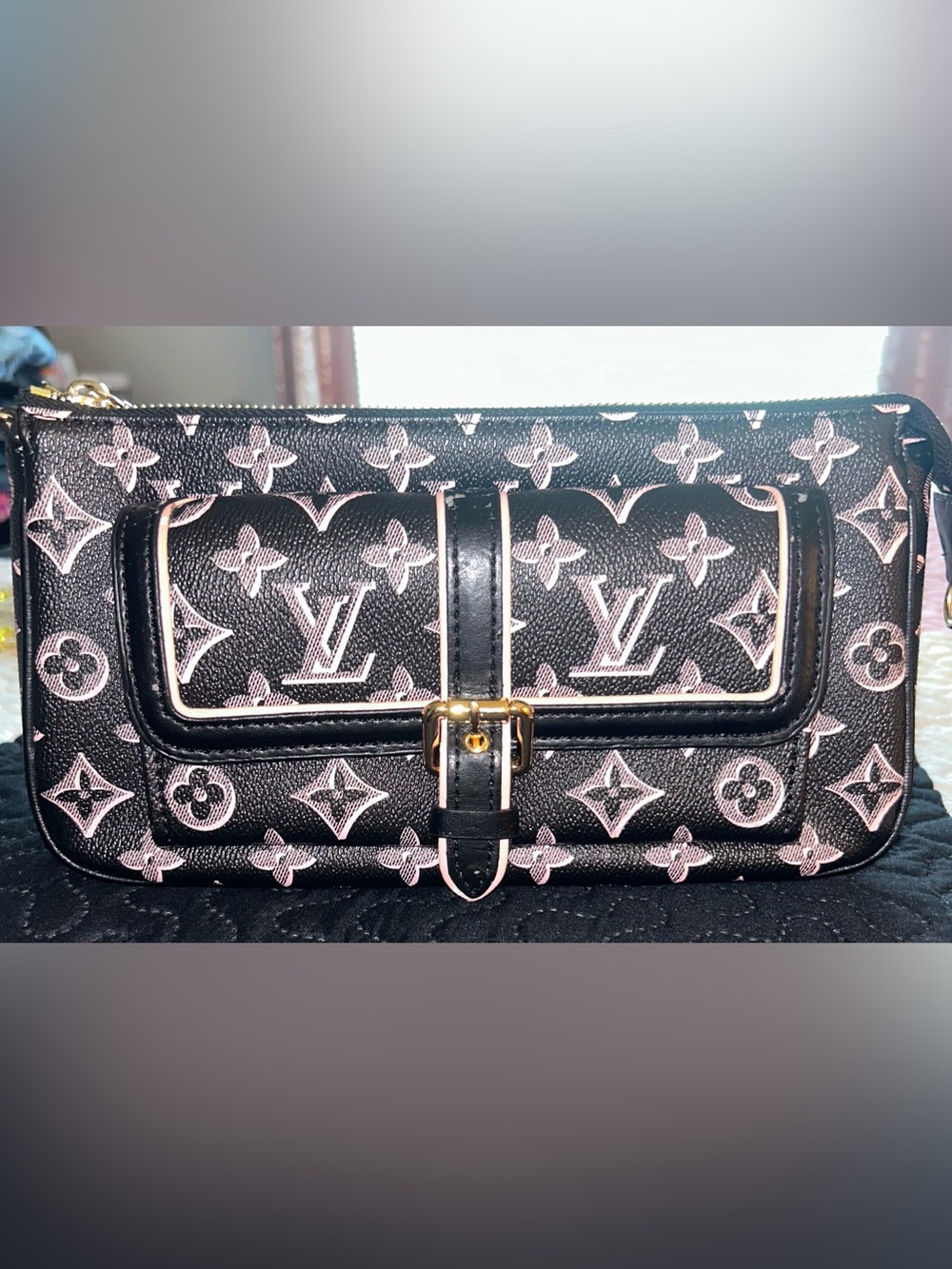Inspired Louis Vuitton Black & Pink Monogram Clutch with Gold Hardware